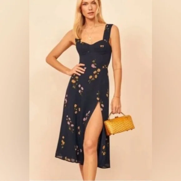 Reformation The Fulton Midi Dress in Navy Floral, size 4 - Picture 12 of 16
